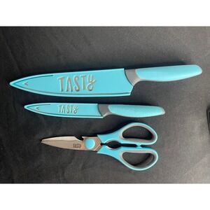 Tasty 3 Piece Kitchen Knife Set Teal Blue 8in Chef 5in Utility & Shears Scabbard